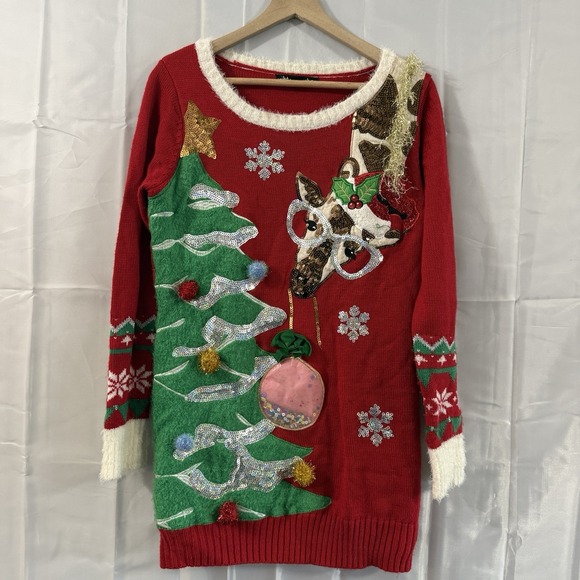 Ugly Christmas Tree 3D Sweater Womens M Giraffe Sequins Pom Poms Fuzzy Tinsel - Picture 2 of 7